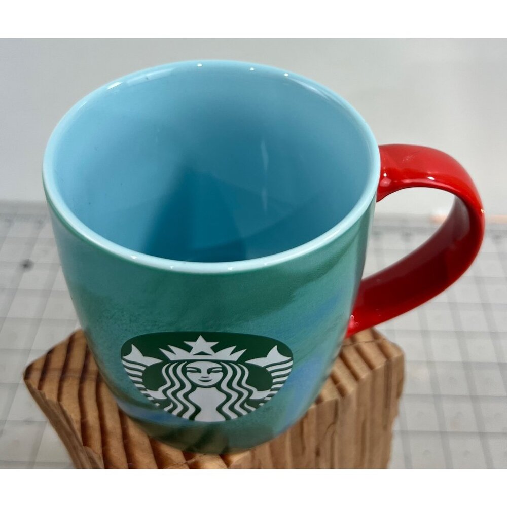 Starbucks Christmas 2024 Green Marbled Coffee Mug 11 Oz Red Handle ~~minty~~ - Picture 2 of 6